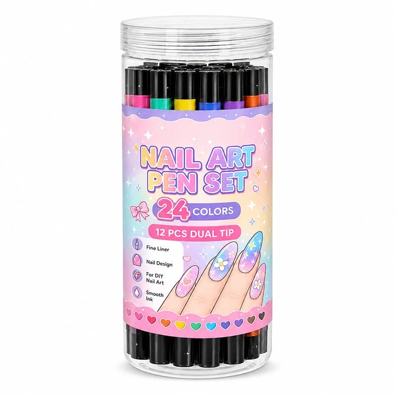 24-Color Double-Ended Nail Art Pen Set – 12-Piece DIY Nail Painting & Detailing Kit