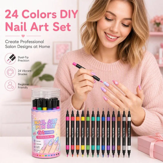 24-Color Double-Ended Nail Art Pen Set – 12-Piece DIY Nail Painting & Detailing Kit
