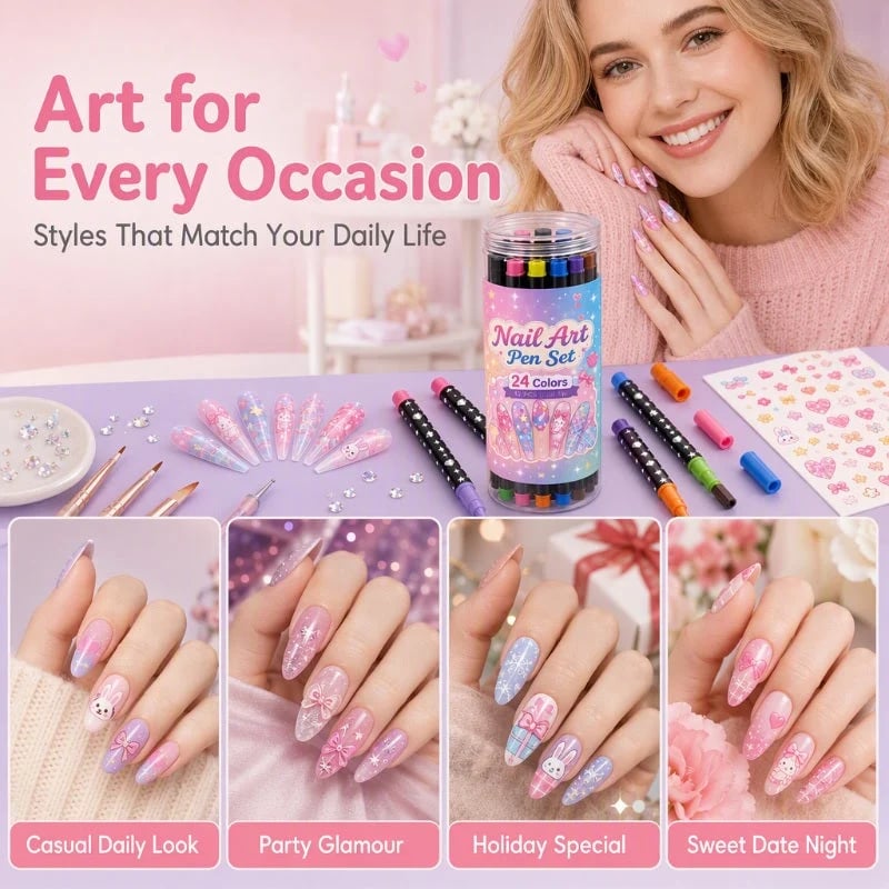 24-Color Double-Ended Nail Art Pen Set – 12-Piece DIY Nail Painting & Detailing Kit