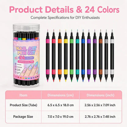 24-Color Double-Ended Nail Art Pen Set – 12-Piece DIY Nail Painting & Detailing Kit
