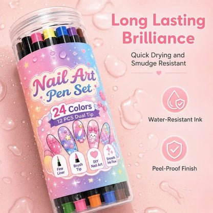 24-Color Double-Ended Nail Art Pen Set – 12-Piece DIY Nail Painting & Detailing Kit