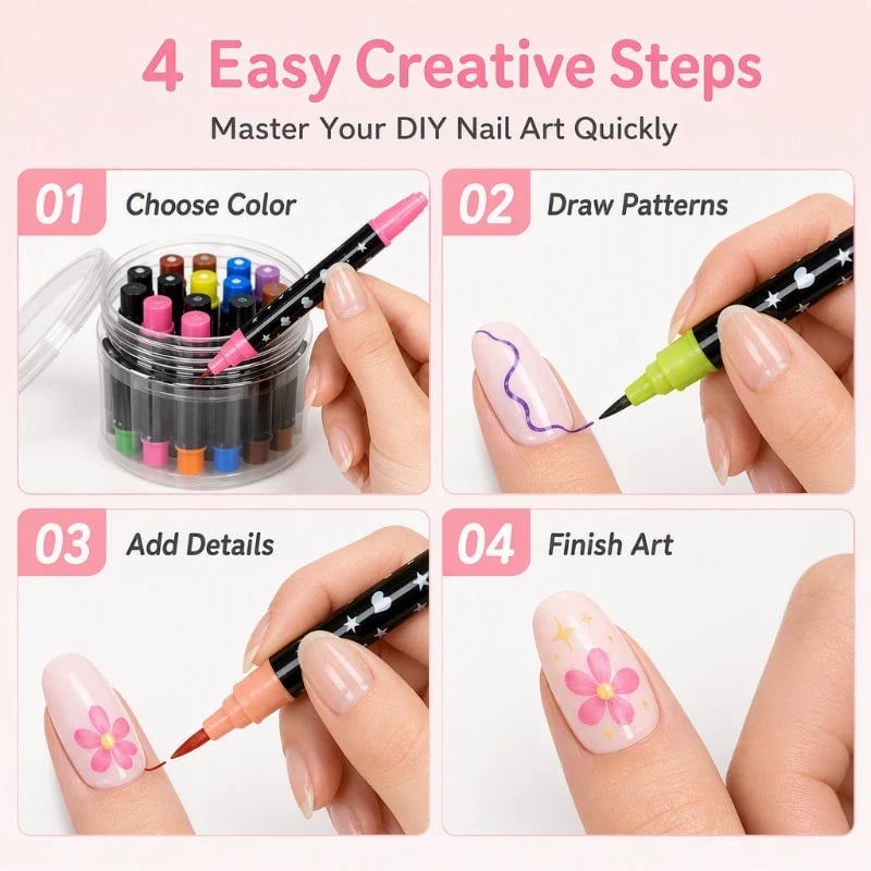 24-Color Double-Ended Nail Art Pen Set – 12-Piece DIY Nail Painting & Detailing Kit