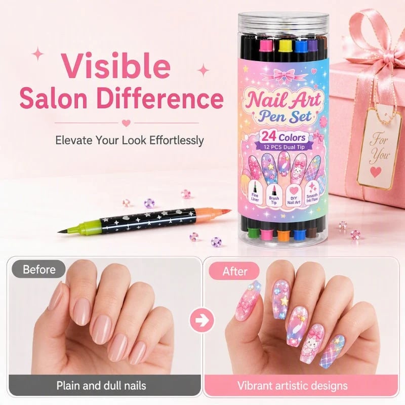 24-Color Double-Ended Nail Art Pen Set – 12-Piece DIY Nail Painting & Detailing Kit