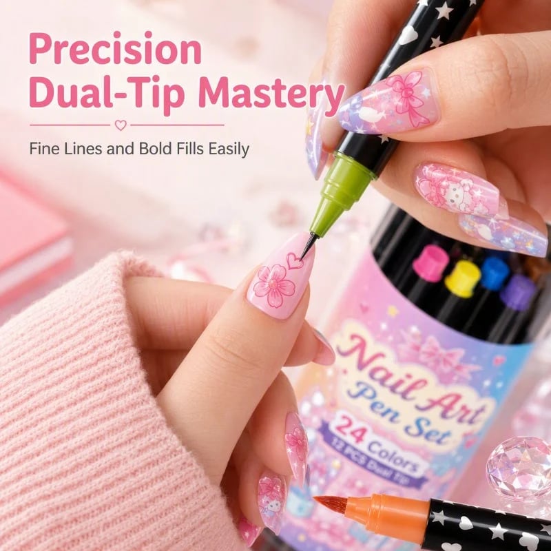 24-Color Double-Ended Nail Art Pen Set – 12-Piece DIY Nail Painting & Detailing Kit